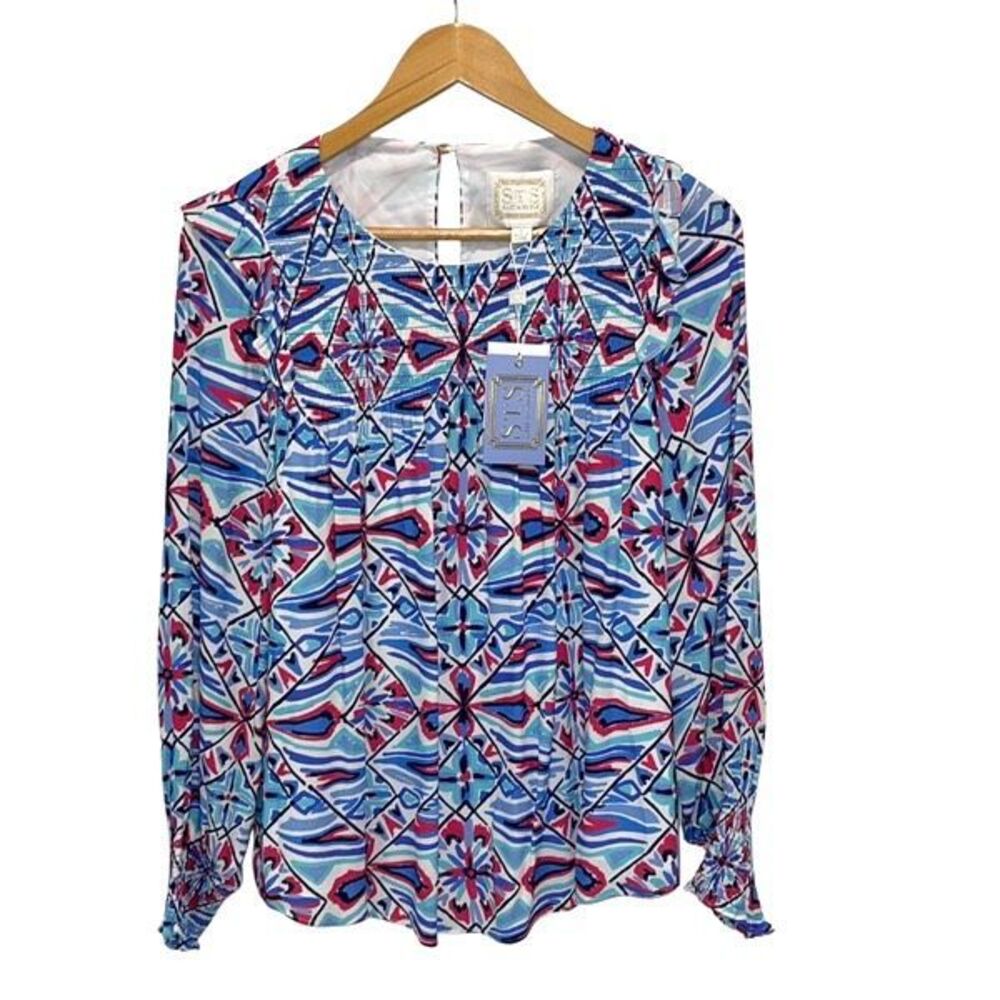 Sail to Sable Womens Smocked Long Sleeve Blouse Top Blue Pink Size Small NWT